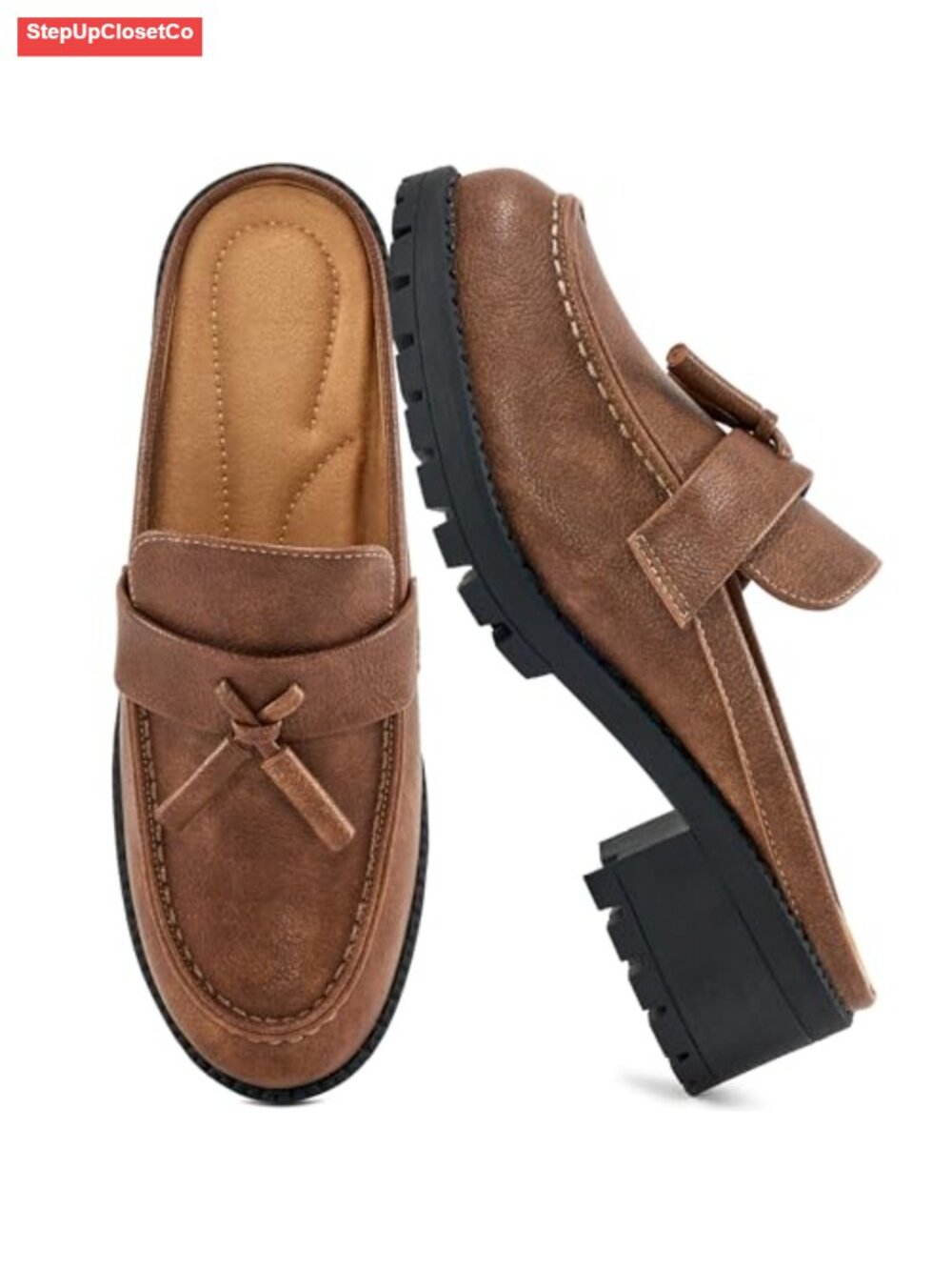 Faux Leather Mules Backless Slip On Platform Chunky Heel Tassel Office Work